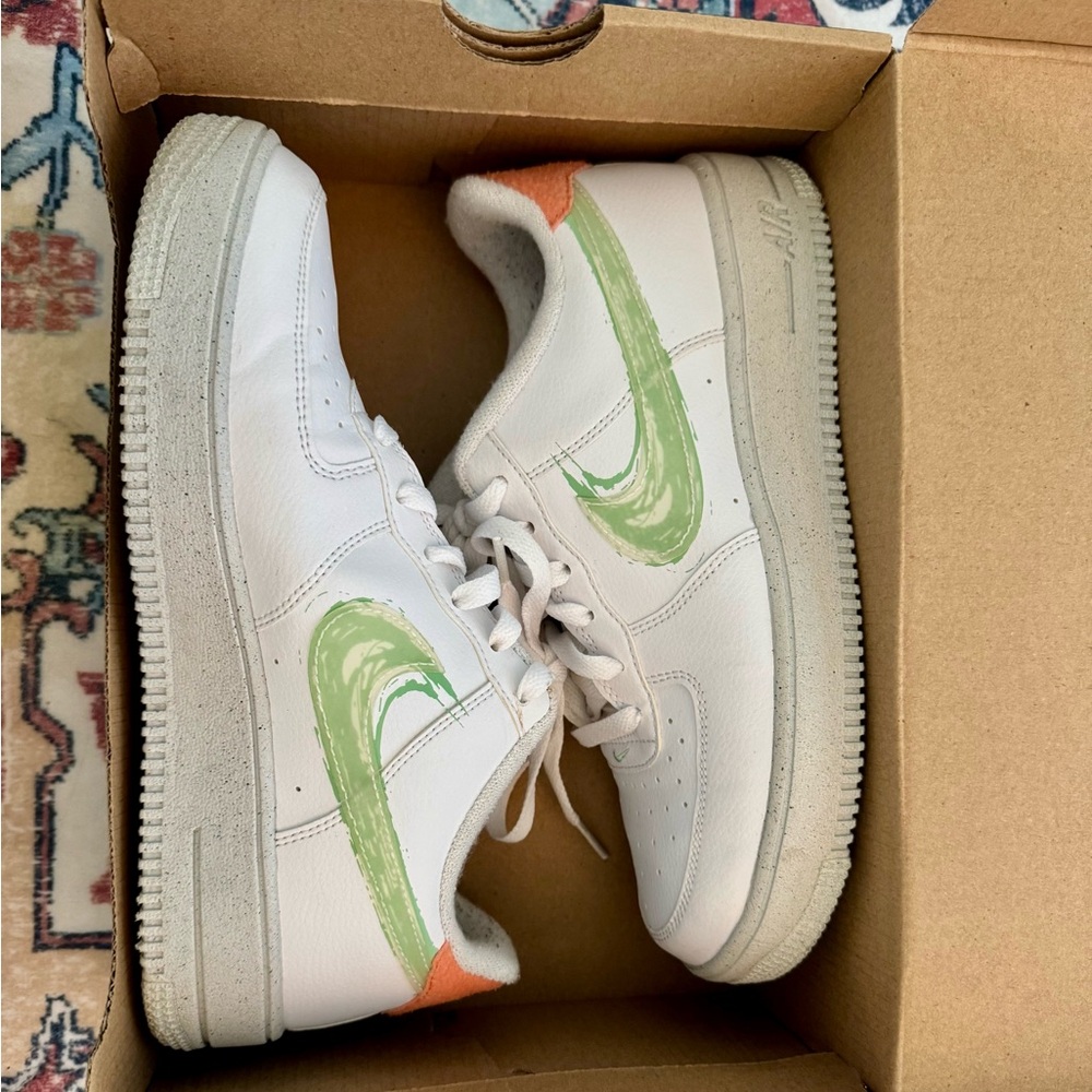 Nike air force- white with green and orange accents